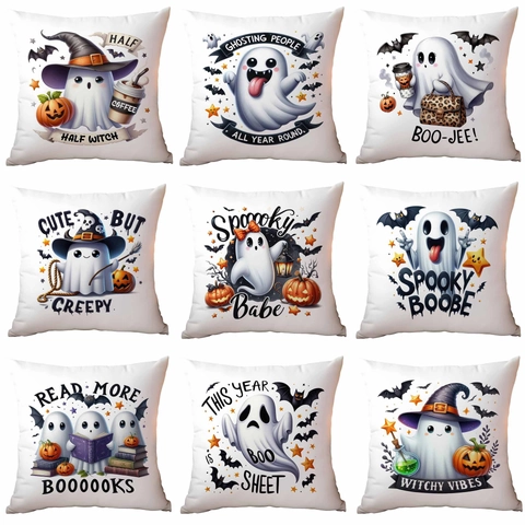 Funda de Almohada de Dibujos Animados de Fantasmas de Halloween de Poliéster Cuadrada para Sofá Decoración del Hogar
