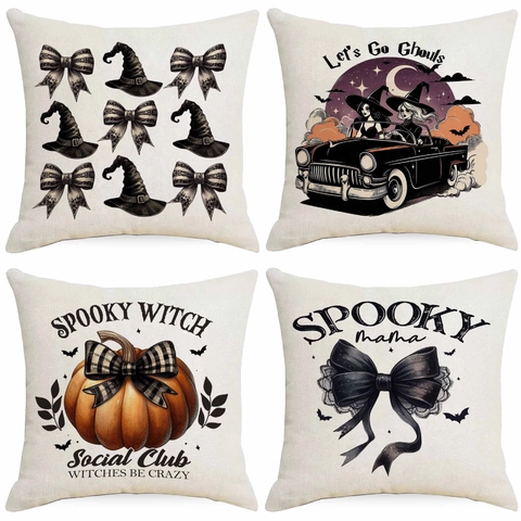 Fodera per Cuscino Vintage Halloween Strega in Lino Zucca Pipistrello Spaventoso Federa Decorativa per Divano Soggiorno