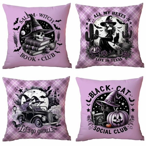 Federa per Cuscino in Lino Halloween Strega Copricuscino Gotico Teschio Stampa Digitale Quadretti Viola per Divano