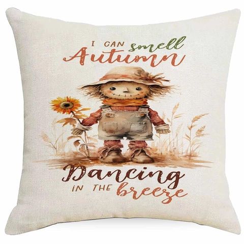 Funda de Almohada de Lino para el Día de Acción de Gracias de Otoño Estampado de Hojas de Arce y Calabaza Funda de Cojín Decorativa para Sofá Hogar Sala de Estar Dormitorio