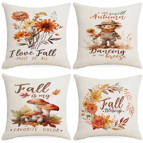 Funda de Almohada de Lino para el Día de Acción de Gracias de Otoño Estampado de Hojas de Arce y Calabaza Funda de Cojín Decorativa para Sofá Hogar Sala de Estar Dormitorio