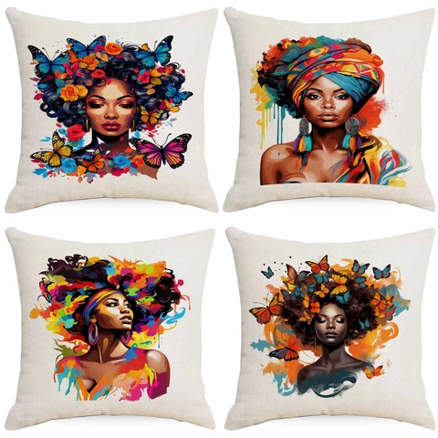 African American Women Afro Art Linen Pillowcase Artistic Portrait Digital Printed Throw Cushion Cover For Sofa Decor