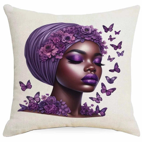 African American Black Girl Portrait Linen Throw Pillow Case Square Artistic Ethnic Woman Butterfly Flower Decorative Cushion Cover For Sofa Couch Home Decor