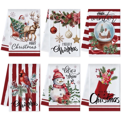 Christmas Kitchen Towels Microfiber Absorbent Dish Cloths Santa Snowman Gnome Printed Decorative Hand Towels For Home Decor