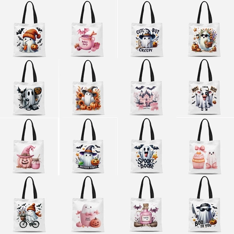 Halloween Cute Ghost Printed Canvas Tote Bag Polyester Cotton Blend Reusable Eco Friendly Shopping Bag Holiday Party Gift For Women
