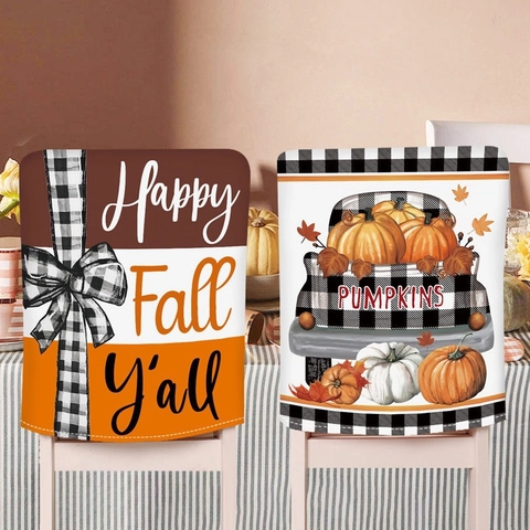 Autumn Thanksgiving Linen Chair Cover Retro Truck Pumpkin Maple Leaf Print Decorative Dining Room Chair Back Covers For Festival