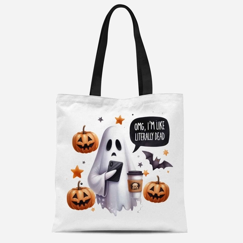Halloween Cute Ghost Printed Canvas Tote Bag Polyester Cotton Blend Reusable Eco Friendly Shopping Bag Holiday Party Gift For Women