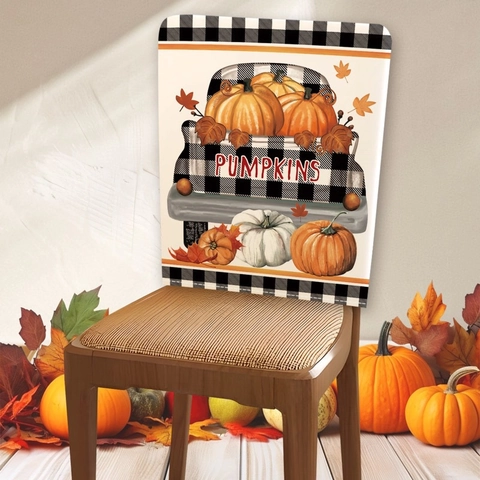 Autumn Thanksgiving Linen Chair Cover Retro Truck Pumpkin Maple Leaf Print Decorative Dining Room Chair Back Covers For Festival