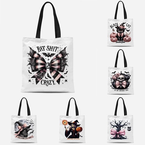 Halloween Gothic Witch Skeleton Printed Canvas Tote Bag For Women Reusable Spooky Ghost Pumpkin Pattern Shopping Handbag