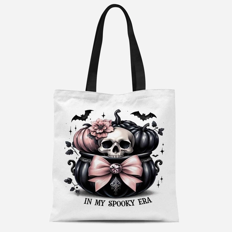 Halloween Gothic Witch Skeleton Printed Canvas Tote Bag For Women Reusable Spooky Ghost Pumpkin Pattern Shopping Handbag