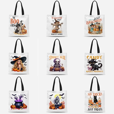 Halloween Canvas Tote Bag Polyester Cotton Reusable Grocery Handbag Spooky Pumpkin Skull Witch Black Cat Pattern Party Gift
