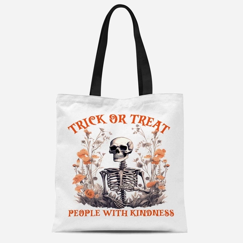 Halloween Canvas Tote Bag Polyester Cotton Reusable Grocery Handbag Spooky Pumpkin Skull Witch Black Cat Pattern Party Gift