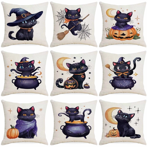 Funda de Almohada de Lino de Gato Negro de Halloween Sombrero de Mago Calabaza Patrón de Luna Funda de Cojín Decorativa