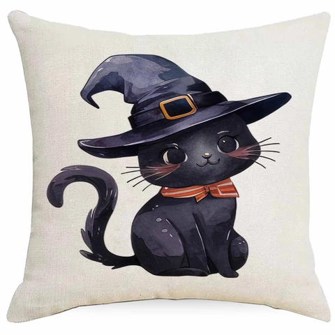 Funda de Almohada de Lino de Gato Negro de Halloween Sombrero de Mago Calabaza Patrón de Luna Funda de Cojín Decorativa
