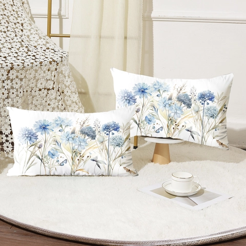 Blauwe Vlinder Bloemen Print Lendenkussensloop Zacht Kort Pluche Decoratieve Kussenhoes Voor Bank Woonkamer Home Decor