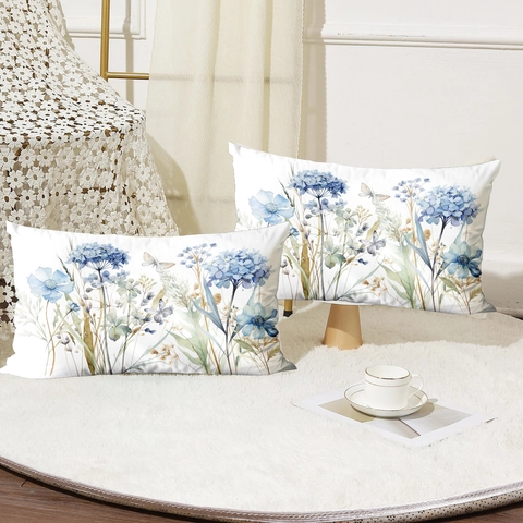 Blauwe Vlinder Bloemen Print Lendenkussensloop Zacht Kort Pluche Decoratieve Kussenhoes Voor Bank Woonkamer Home Decor