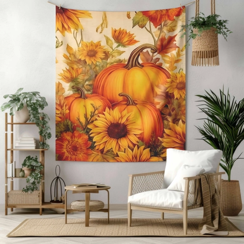 Autumn Harvest Pumpkin Sunflower Wall Tapestry Polyester Fabric Thanksgiving Halloween Fall Background Cloth For Home Living Room Decor