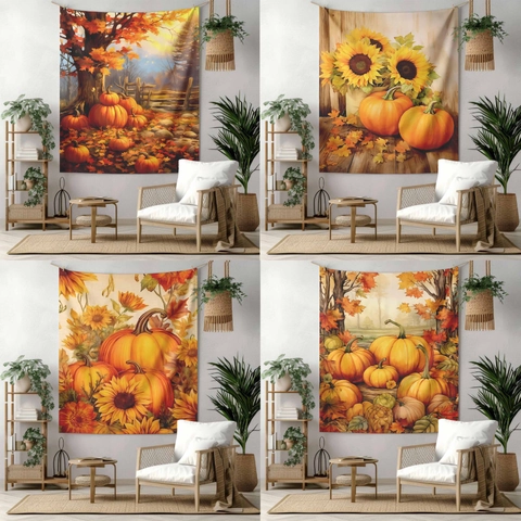 Autumn Harvest Pumpkin Sunflower Wall Tapestry Polyester Fabric Thanksgiving Halloween Fall Background Cloth For Home Living Room Decor
