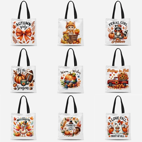 Borsa Tote in Tela di Poliestere Cotone con Stampa di Zucca e Foglia d'Acero per Ringraziamento Halloween Donna