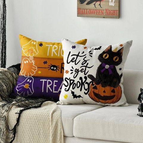 Federa per Cuscino in Lino a Tema Halloween Gatto Fantasma Zucca Decorativa per Divano Soggiorno Camera da Letto Festa Casa