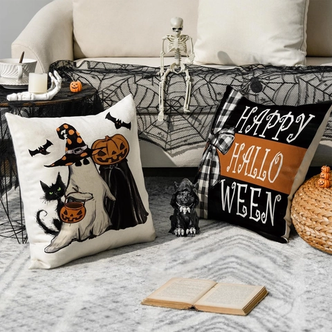 Halloween Geister LKW Kürbis Leinen Kissenbezug Quadratischer Deko Kissenhülle Für Sofa Wohnzimmer Feiertag Party Dekoration