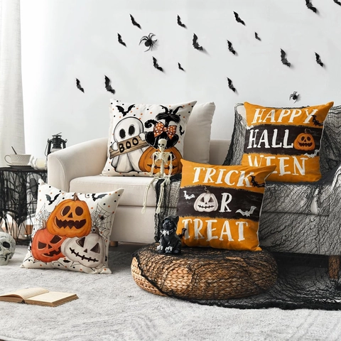 Halloween Pompoen Linnen Kussensloop Horror Geest Zwarte Kat Print Kussenhoes Retro Feestdagen Thuis Bank Decor Kussensloop
