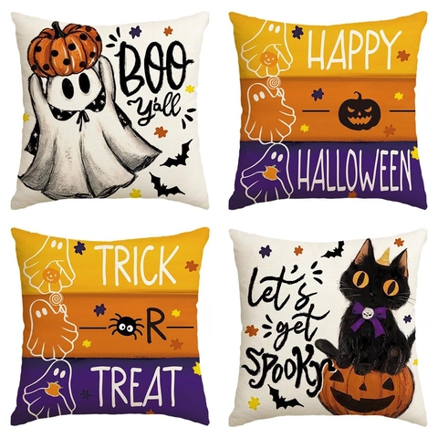 Federa per Cuscino in Lino a Tema Halloween Gatto Fantasma Zucca Decorativa per Divano Soggiorno Camera da Letto Festa Casa