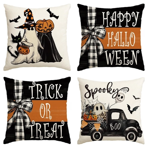 Halloween Geister LKW Kürbis Leinen Kissenbezug Quadratischer Deko Kissenhülle Für Sofa Wohnzimmer Feiertag Party Dekoration