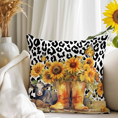 Farmhouse Sunflower Highland Cow Decorative Pillow Case Luxury Short Plush Digital Printing Square Sofa Cushion Cover