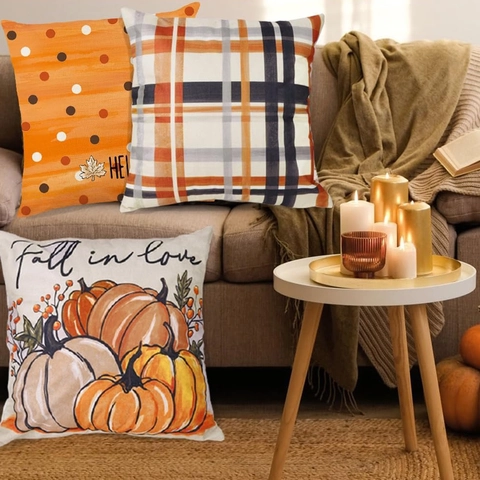 Autumn Thanksgiving Linen Pillow Case Pumpkin Maple Leaf Bicycle Printed Square Throw Cushion Cover For Home Sofa Decor