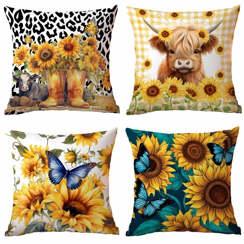 Farmhouse Sunflower Highland Cow Decorative Pillow Case Luxury Short Plush Digital Printing Square Sofa Cushion Cover