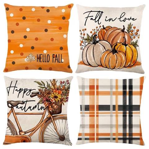 Autumn Thanksgiving Linen Pillow Case Pumpkin Maple Leaf Bicycle Printed Square Throw Cushion Cover For Home Sofa Decor