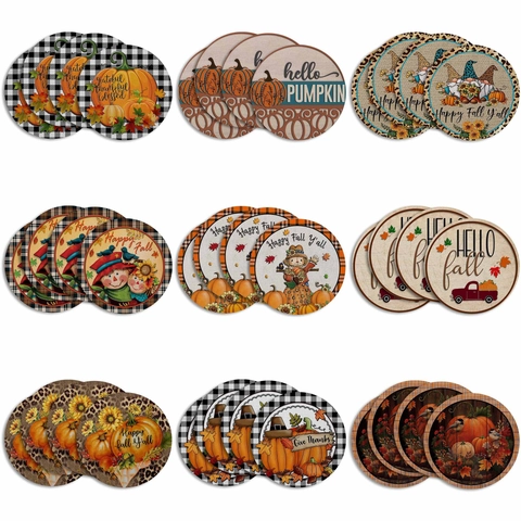 Herbst Erntedankfest Tischset Rund Polyester Baumwolle Leinen Textur Rutschfest Hitzebeständig Kürbis Ahornblatt Herbst Tischsets Für Küche Dekor