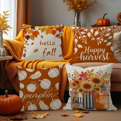 Autumn Fall Thanksgiving Linen Pillow Covers Pumpkin Maple Leaf Sunflower Decorative Throw Pillow Case For Living Room Decor