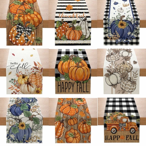 Fall Thanksgiving Table Runner Linen Pumpkin Sunflower Maple Leaf Buffalo Plaid Farmhouse Harvest Kitchen Table Decor