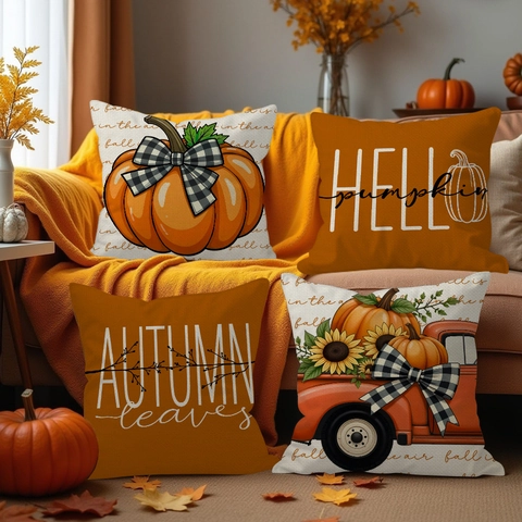 Linen Thanksgiving Pillow Covers Pumpkin Autumn Leaves Harvest Vintage Truck Sunflower Decorative Cushion Covers For Home Decor