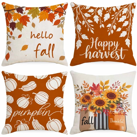 Autumn Fall Thanksgiving Linen Pillow Covers Pumpkin Maple Leaf Sunflower Decorative Throw Pillow Case For Living Room Decor