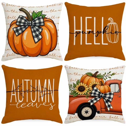 Linen Thanksgiving Pillow Covers Pumpkin Autumn Leaves Harvest Vintage Truck Sunflower Decorative Cushion Covers For Home Decor