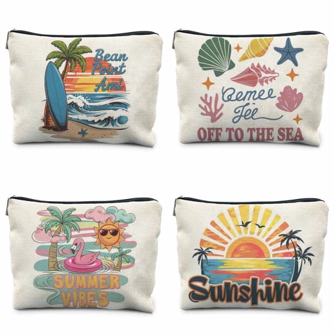 Summer Beach Marine Life Print Canvas Makeup Bag Vacation Style Lettering Zipper Toiletry Pouch Travel Storage Case For Women