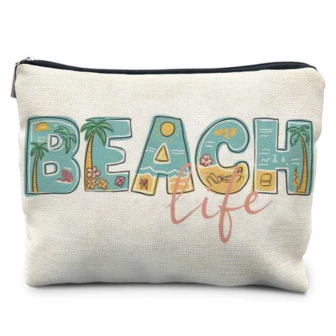 Summer Beach Marine Life Print Canvas Makeup Bag Vacation Style Lettering Zipper Toiletry Pouch Travel Storage Case For Women