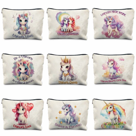 Cute Cartoon Unicorn Printed Canvas Storage Bag Zipper Makeup Bag Pencil Case For Women Students Daily Travel Organizer