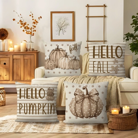 Fall Autumn Pumpkin Polka Dot Linen Pillow Case Decorative Cushion Cover For Farmhouse Sofa Home Decor