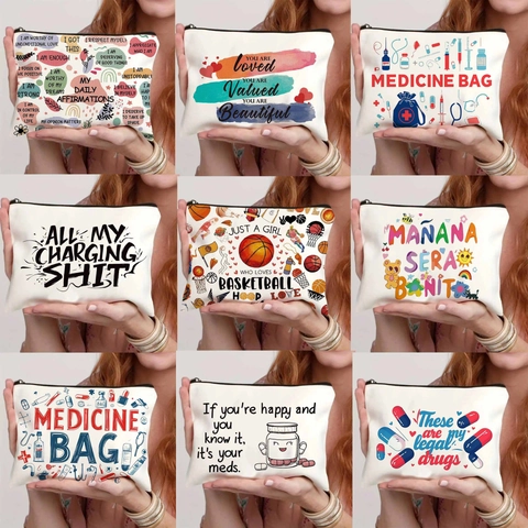 Creative Letter Print Makeup Bag For Women Portable Linen Cosmetic Toiletry Organizer Zipper Storage Pouch Travel Wash Bag