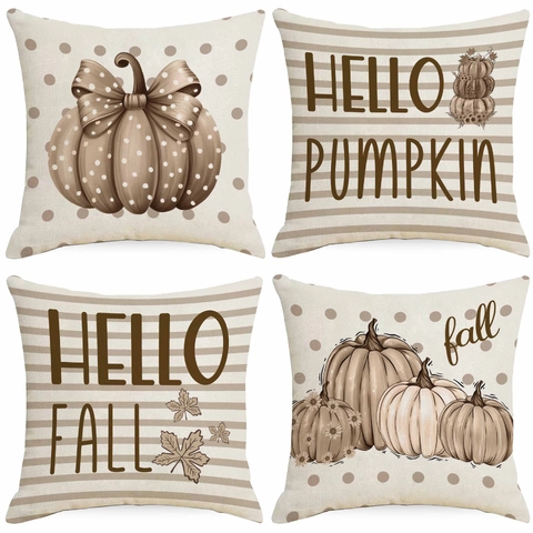 Fall Autumn Pumpkin Polka Dot Linen Pillow Case Decorative Cushion Cover For Farmhouse Sofa Home Decor
