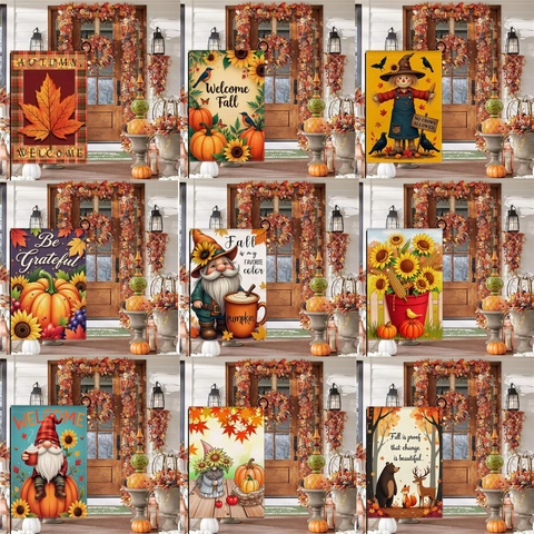 Bandiera da Giardino per il Ringraziamento Autunnale Fronte Retro Lino Welcome Fall Zucca Foglia d'Acero Gnomo Decorazione