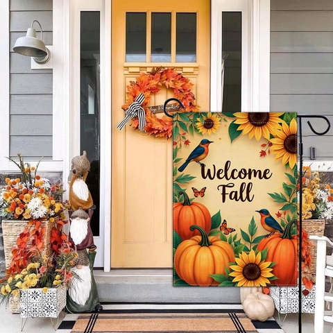 Bandiera da Giardino per il Ringraziamento Autunnale Fronte Retro Lino Welcome Fall Zucca Foglia d'Acero Gnomo Decorazione