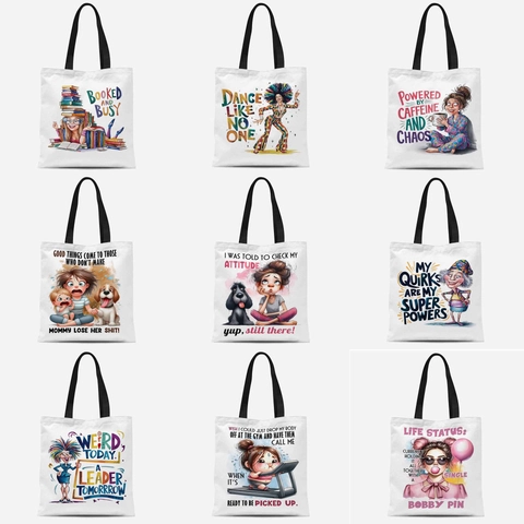 Humorous Women Quote Canvas Tote Bag Polyester Cotton Printed Handbag Daily Casual Shopping Shoulder Bag No Zipper