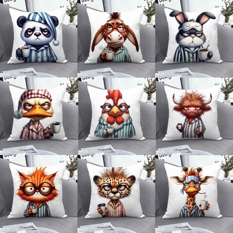 Grappige Cartoon Dieren Koffie Kussensloop Kort Pluche Decoratieve Kussenhoes Voor Sofa Woonkamer Vierkante Kussensloop