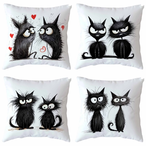 Taie d'Oreiller Carrée Chat Noir Amusante Peluche Courte Housse de Coussin Décorative pour Canapé Chambre Maison Sans Insert