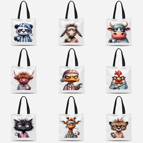 Humorous Tired Animal Coffee Print Polyester Cotton Canvas Tote Bag Cartoon Sleepy Panda Donkey Cow Cat Sloth Printed Shopping Bag Women Daily Shoulder Bag